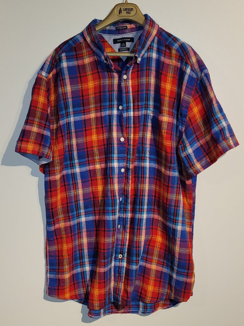Tommy Hilfiger Men's Cotton-Linen Blend Madras Plaid Short Sleeve Shirt